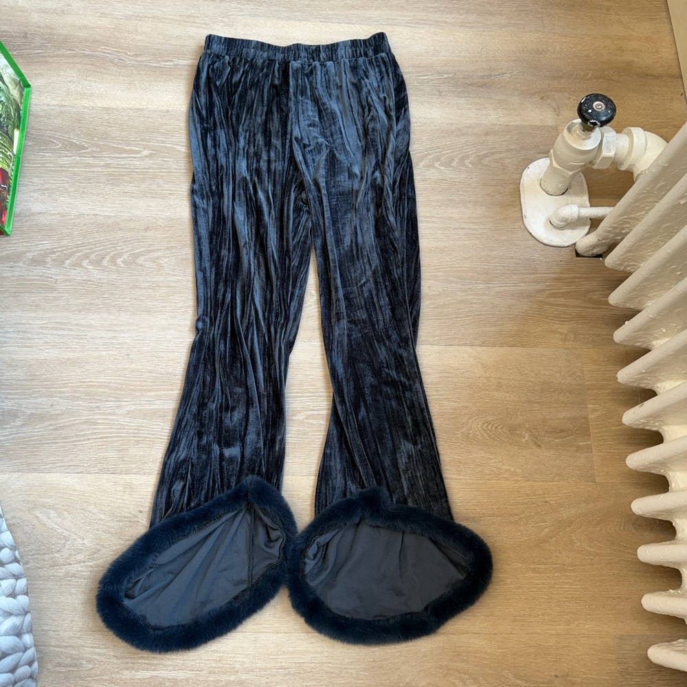 Velvet Flare Pants with Faux Fur Trim